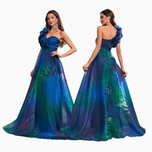 Blue Sleeveless One Shoulder Zebra Print 3D Floral Lace Trim & Belted Dress